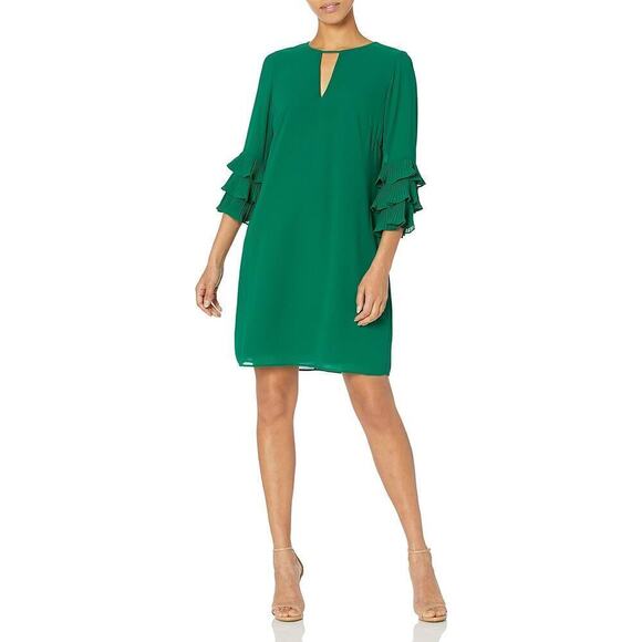 Vince Camuto Dress Chiffon Pleated Sleeve Float Shift Mini Emerald Green Size 2 - Picture 3 of 12